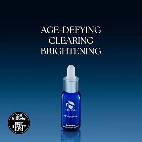 iS Clinical Active Serum bottle with text 'Age-Defying, Clearing, Brightening'