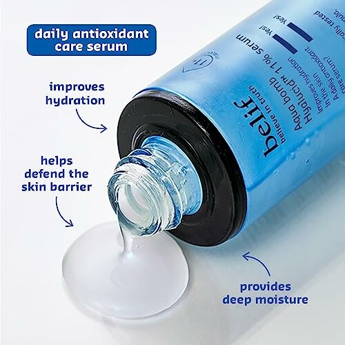 Open bottle of daily antioxidant care serum with benefits labeled: improves hydration, helps defend the skin barrier, provides deep moisture.