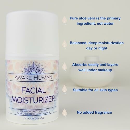 Awake Human facial moisturizer with aloe vera, suitable for all skin types.