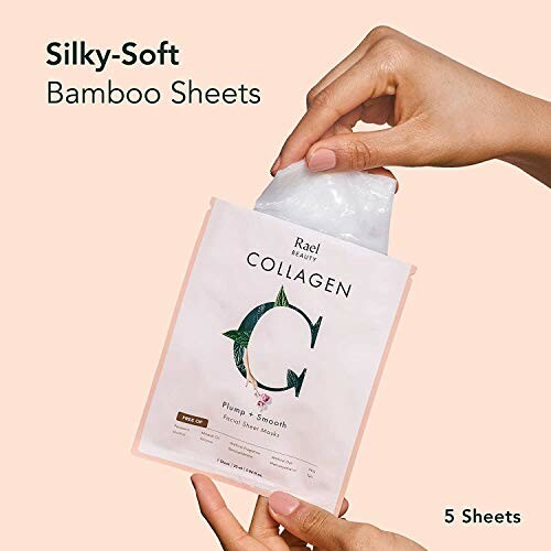 Hands holding Rael Beauty Collagen facial sheet mask package with text 'Silky-Soft Bamboo Sheets' and '5 Sheets'.