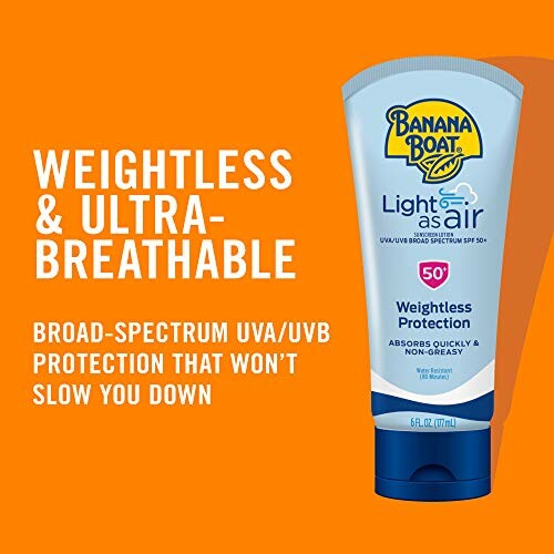 Banana Boat sunscreen bottle with text about weightless and ultra-breathable protection.