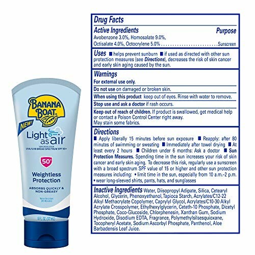 Banana Boat Light as Air sunscreen with drug facts and directions