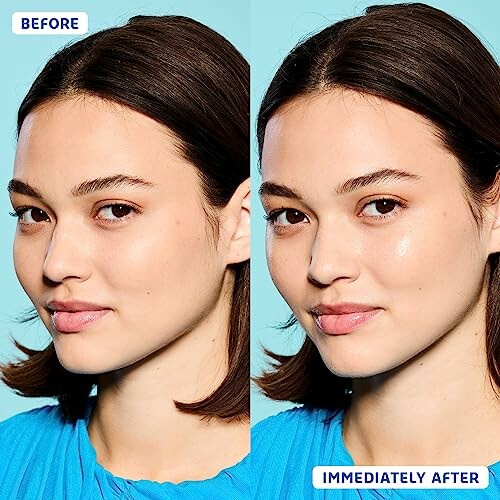 Side-by-side comparison of a woman's face showing before and after skincare application.