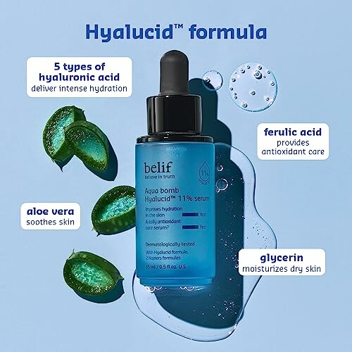 Belif Aqua Bomb Hyaluronic Serum with ingredients and benefits.