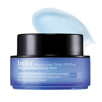 Belif Aqua Bomb Sleeping Mask in a blue container with a smear of product.