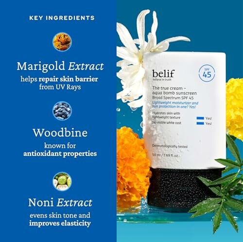 Belif product with marigold, woodbine, and noni extracts.