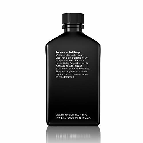 Black bottle of skincare product with usage instructions.