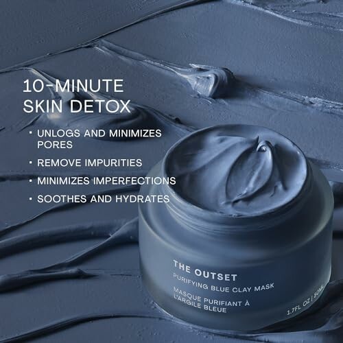 Blue clay mask with text promoting skin detox benefits.