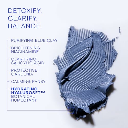 Blue clay with skincare benefits listed: purifying, brightening, clarifying, protective, calming, hydrating.