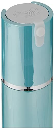 Blue cosmetic pump bottle with silver accents.