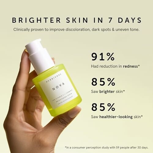 Hand holding a bottle of Nova serum with text about skin improvement results.