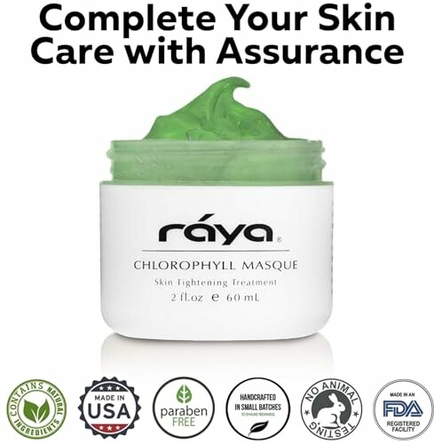 Raya Chlorophyll Masque jar with green cream and various product certifications