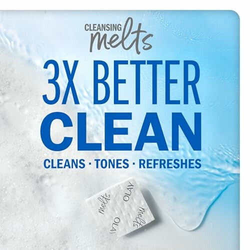 Cleansing melts packaging with text '3X Better Clean: Cleans, Tones, Refreshes'.