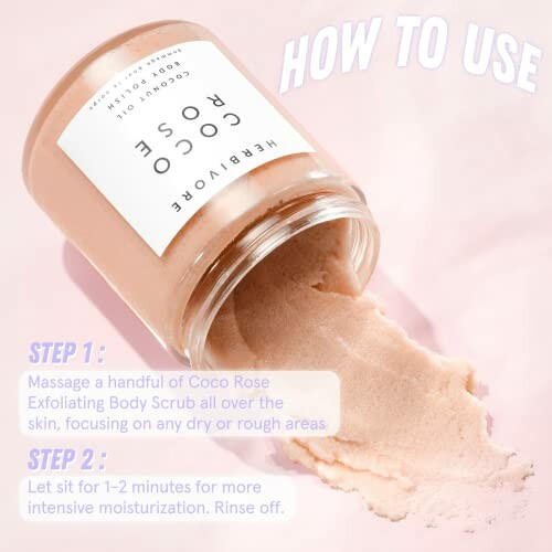 Open jar of Coco Rose body scrub with usage instructions
