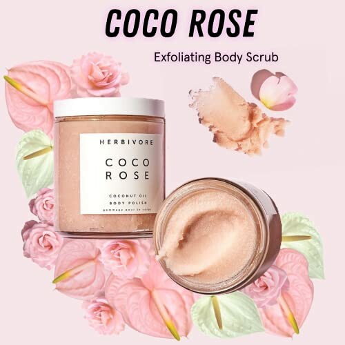 Coco Rose Exfoliating Body Scrub with flowers and product texture