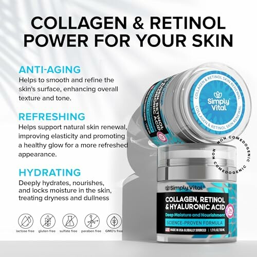 Collagen and Retinol skincare products with benefits listed.