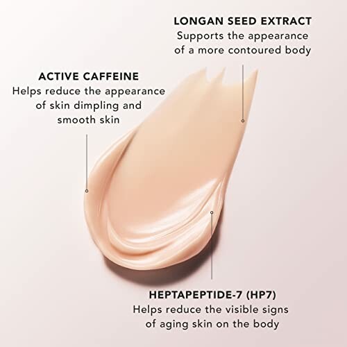 Cream texture with longan seed extract, active caffeine, and heptapeptide-7 benefits.