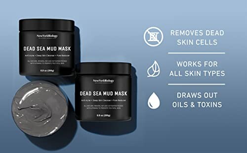 Dead Sea mud mask containers with benefits listed: removes dead skin cells, works for all skin types, draws out oils and toxins.