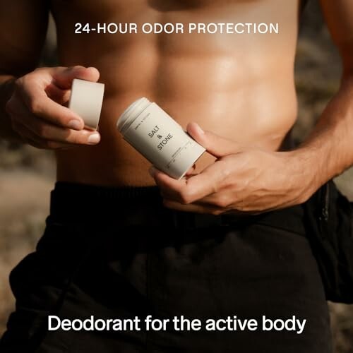 Person applying deodorant labeled 'Salt & Stone' with text '24-hour odor protection, Deodorant for the active body'.