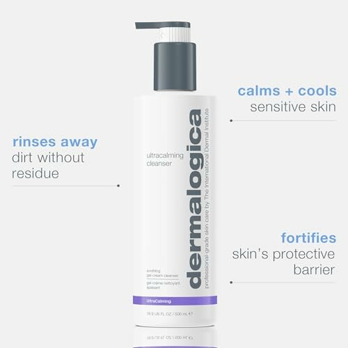 Dermalogica Ultracalming Cleanser bottle with benefits listed.