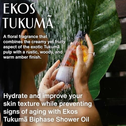 Hands holding Ekos Tukuma shower oil bottle under water stream.