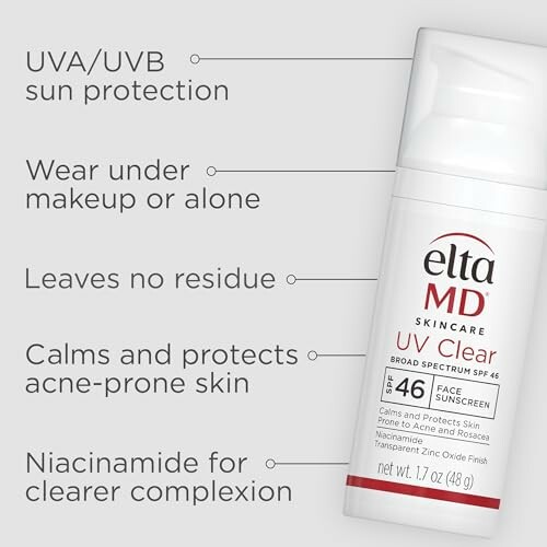 EltaMD UV Clear Broad-Spectrum SPF 46 sunscreen bottle with benefits listed