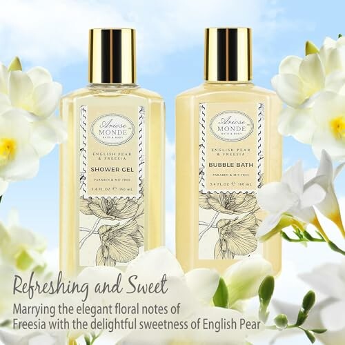 English Pear and Freesia shower gel and bubble bath bottles with flowers.