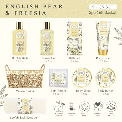 English Pear & Freesia 9-piece spa gift set with bath products and basket.