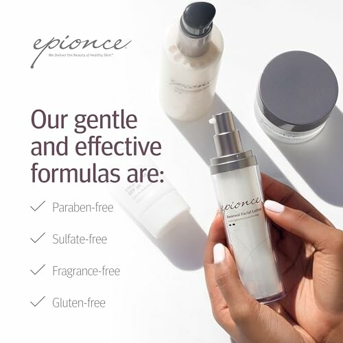 Epionce skincare products with text highlighting paraben-free, sulfate-free, fragrance-free, gluten-free formulas.