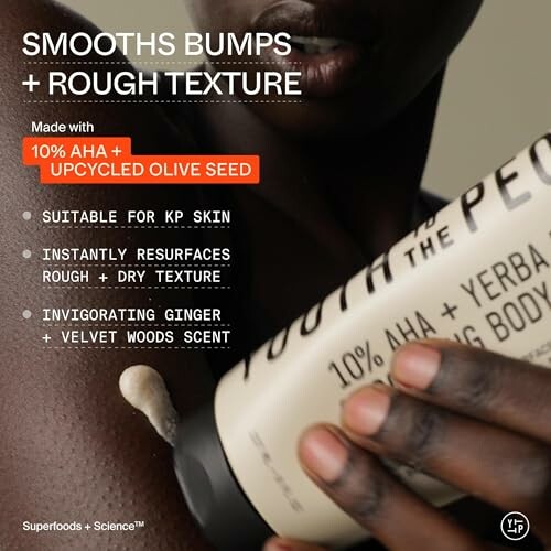 Body scrub advertisement highlighting benefits like smoothing bumps and rough texture with 10% AHA and upcycled olive seed.