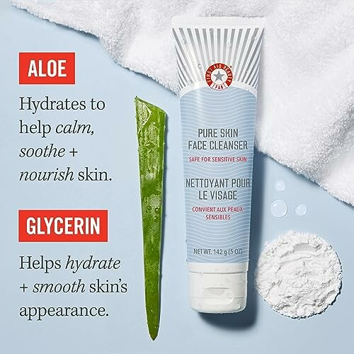 Face cleanser tube with aloe and glycerin benefits highlighted.