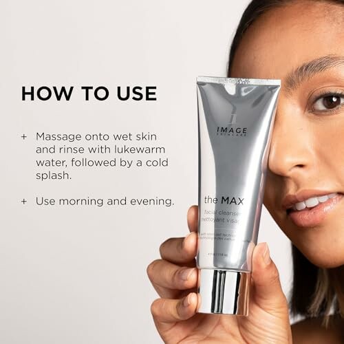 Woman holding facial cleanser with usage instructions.