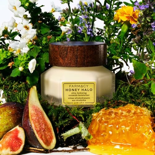 Farmacy Honey Halo cream surrounded by flowers, figs, and honeycomb.