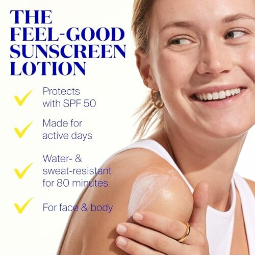 Woman applying feel-good sunscreen lotion with SPF 50