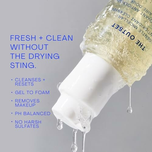 Gentle cleanser bottle with features listed: cleanses, gel to foam, removes makeup, pH balanced, no sulfates.