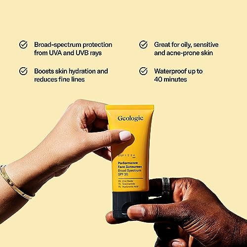 Hands holding Geologie sunscreen with benefits listed in the background.