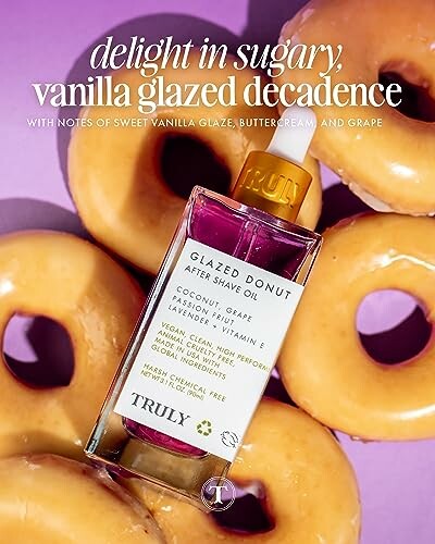 Glazed Donut After Shave Oil bottle surrounded by donuts.