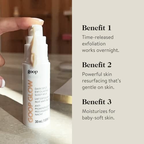 Goop Glow exfoliating serum with benefits listed.