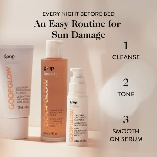 Goop skincare routine for sun damage with cleanser, toner, and serum.