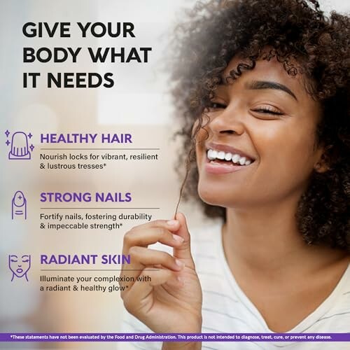 Woman smiling, promoting benefits for healthy hair, strong nails, and radiant skin.