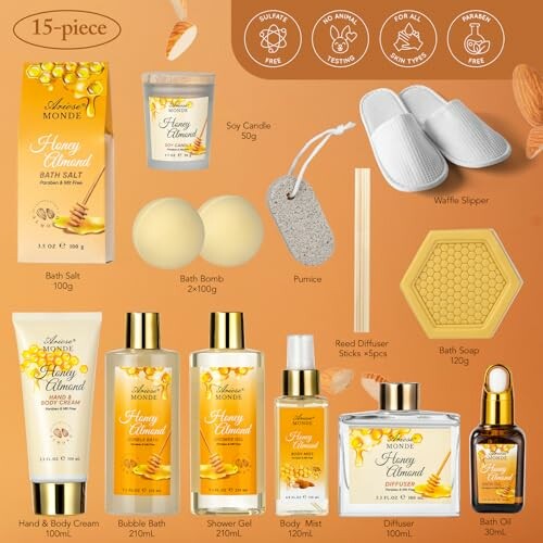 15-piece honey almond bath set with various products including bath salt, soap, and slippers.