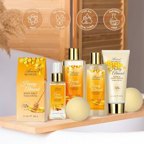 Honey almond bath product set with sulfate and paraben-free labels.