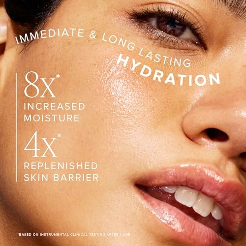 Close-up of a woman's hydrated skin with text promoting increased moisture and replenished skin barrier.