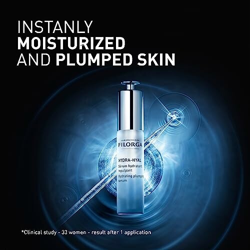 Hydrating serum bottle with text 'Instantly Moisturized and Plumped Skin'