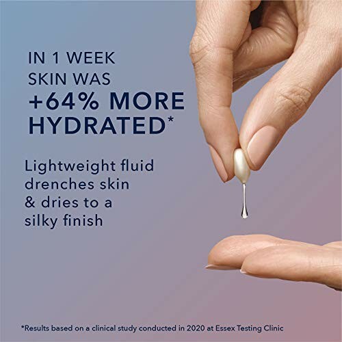 Hand squeezing skincare product onto fingertip with text about hydration benefits.