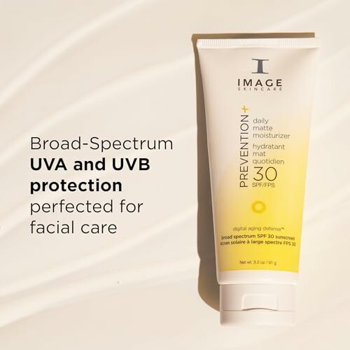 IMAGE Skincare Prevention+ SPF 30 moisturizer tube with text about UVA and UVB protection.