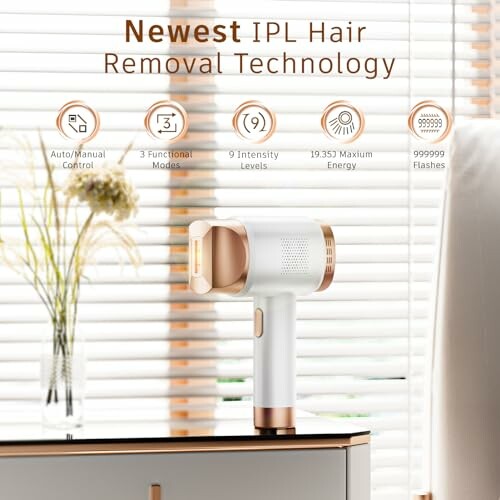 IPL hair removal device on a table with features listed in the background.