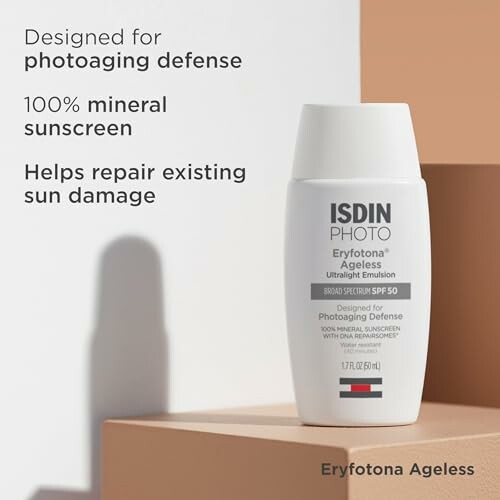 ISDIN Eryfotona Ageless mineral sunscreen bottle with text highlighting features.