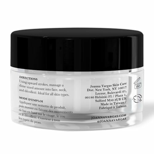 Joanna Vargas skin care cream jar with directions and contact information.