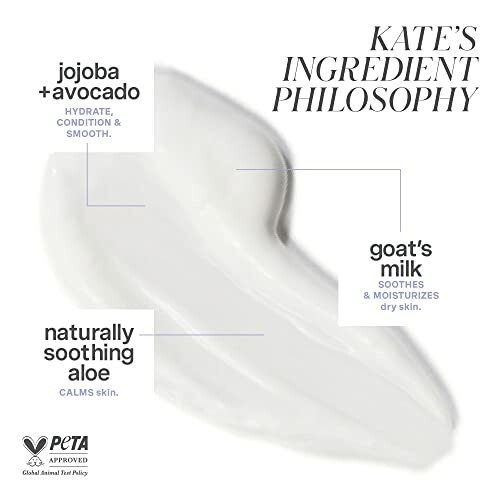 Creamy skincare ingredients including jojoba, avocado, goat's milk, and aloe.